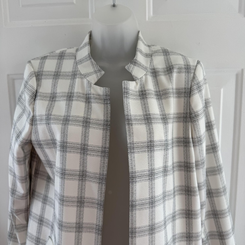 Carolina Belle Coat Womens Medium White Plaid Crepe Open Front Overcoat Minimal - Picture 7 of 16